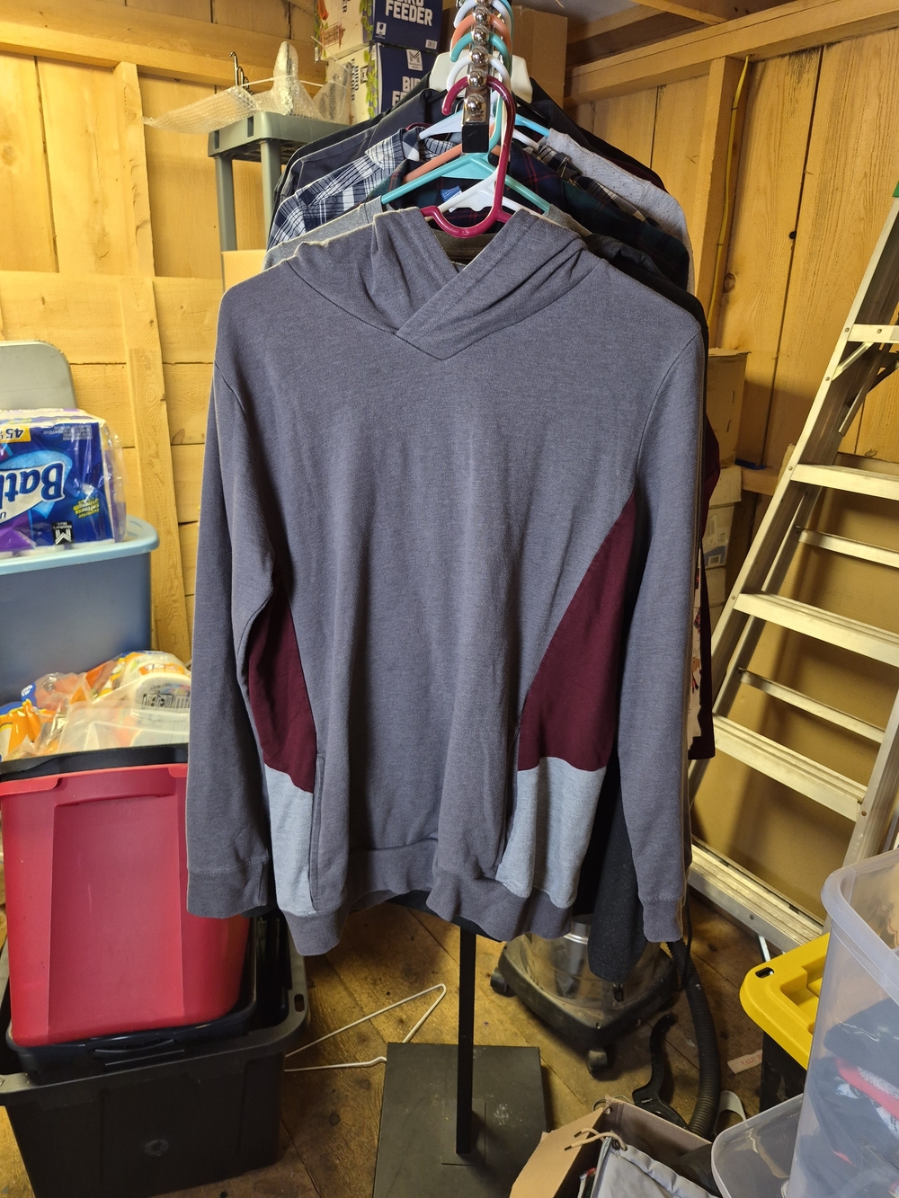 Arizona Jean Company Gray Hooded Shirt with Maroon & Light Gray Panels Bin 46